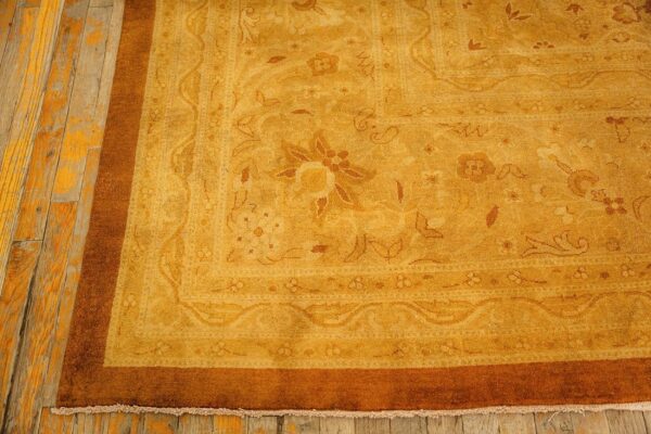 1890s antique gold open field medallion knotted wool indian agra decorative rug - detail view 2