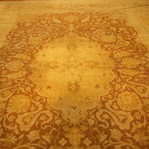 1890s Antique Gold Open Field Medallion Knotted Wool Indian Agra Decorative Rug - detail view 3
