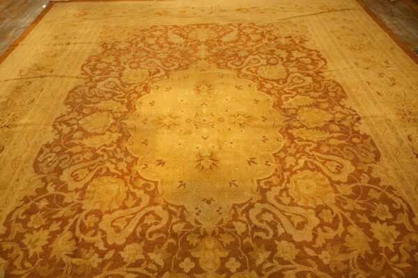 1890s antique gold open field medallion knotted wool indian agra decorative rug - detail view 3