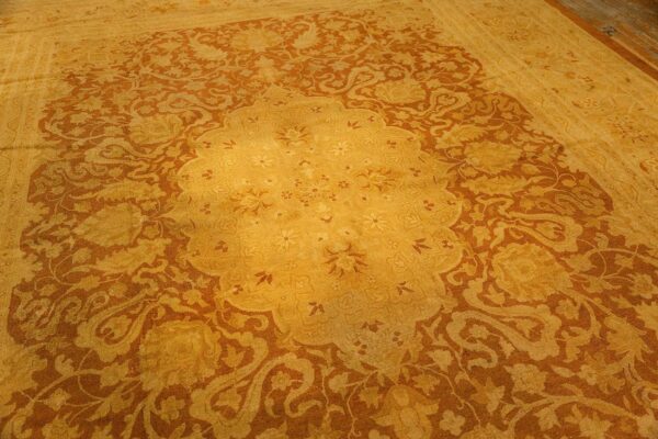 1890s antique gold open field medallion knotted wool indian agra decorative rug - detail view 4