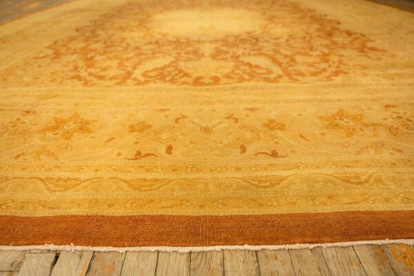 1890s antique gold open field medallion knotted wool indian agra decorative rug - detail view 7