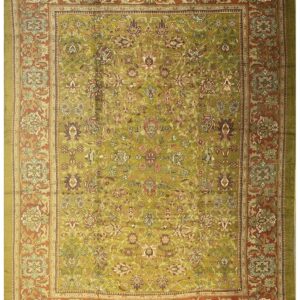 1890s Antique Oversized Green Olive 5 Star Floral Knotted Wool Sultanabad Rug
