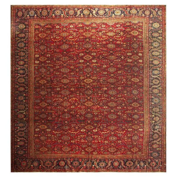 1890s antique red ground overscale botanical handknotted wool sultanabad rug - detail view 1