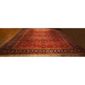 1890s Antique Red Ground Overscale Botanical Handknotted Wool Sultanabad Rug - detail view 2
