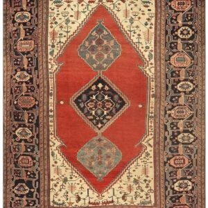 1890s Antique Red Rust Rustic Field Diamond Serapi Knotted Palace Size Wool Rug