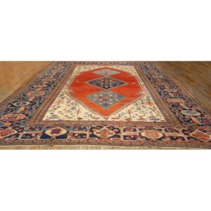 1890s Antique Red Rust Rustic Field Diamond Serapi Knotted Palace Size Wool Rug - detail view 1