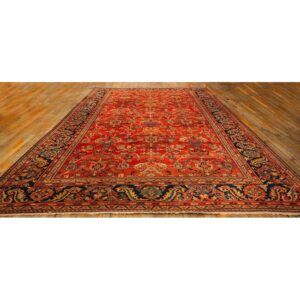 1890s Antique Warm Red Ground Floral Handknotted Wool Sultanabad Carpet Rug - detail view 1