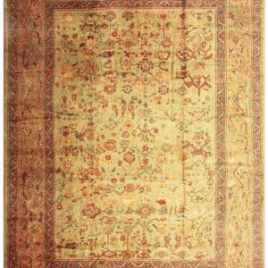 1890s Green Grand Scale Botanical Motifs Knotted Wool Antique Oushak Turkish Rug