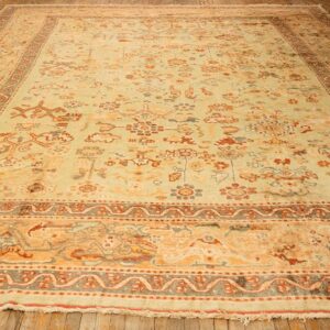 1890s Green Grand Scale Botanical Motifs Knotted Wool Antique Oushak Turkish Rug - detail view 1