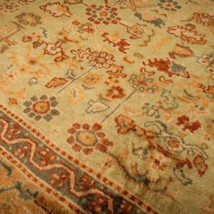1890s Green Grand Scale Botanical Motifs Knotted Wool Antique Oushak Turkish Rug - detail view 5