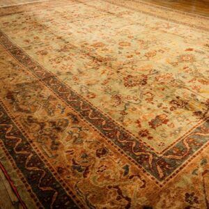 1890s Green Grand Scale Botanical Motifs Knotted Wool Antique Oushak Turkish Rug - detail view 6