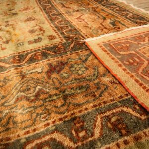 1890s Green Grand Scale Botanical Motifs Knotted Wool Antique Oushak Turkish Rug - detail view 7