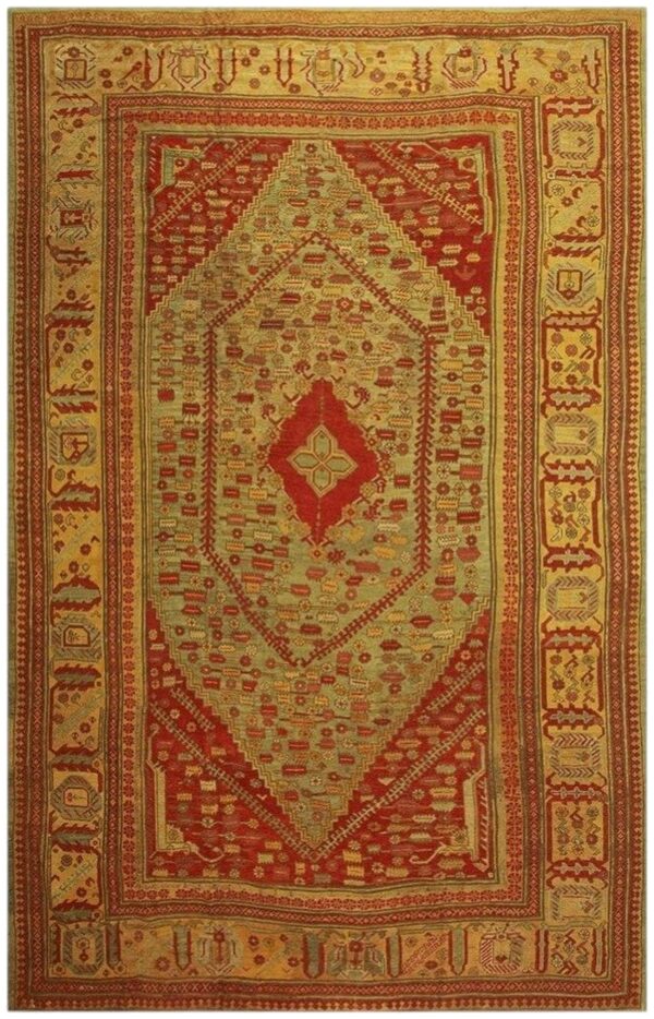 1890s red field medallion knotted wool antique oushak turkish decorative rug