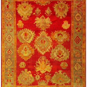 1890s Red Ground Geometric Knotted Wool Antique Oushak Turkish Decorative Rug