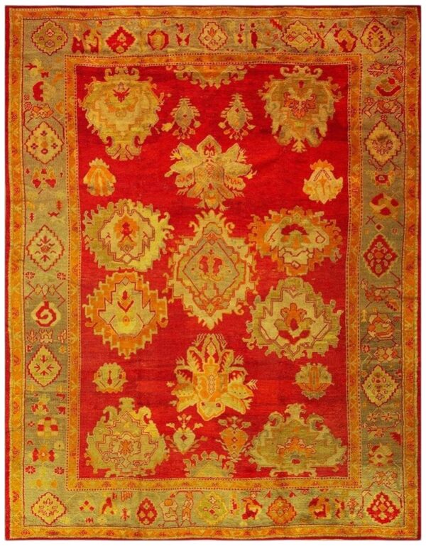 1890s red ground geometric knotted wool antique oushak turkish decorative rug 1 1890s red ground geometric knotted wool antique oushak turkish decorative rug