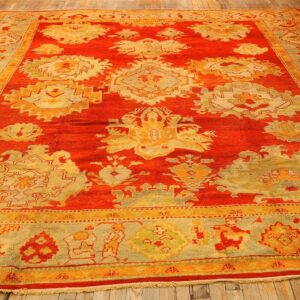 1890s Red Ground Geometric Knotted Wool Antique Oushak Turkish Decorative Rug - detail view 1