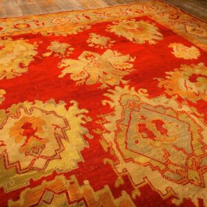 1890s Red Ground Geometric Knotted Wool Antique Oushak Turkish Decorative Rug - detail view 2
