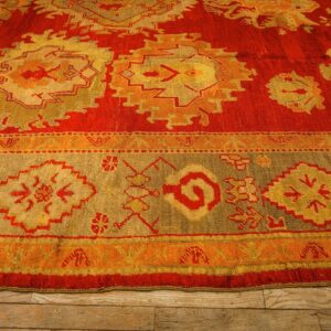 1890s Red Ground Geometric Knotted Wool Antique Oushak Turkish Decorative Rug - detail view 3