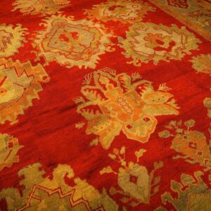 1890s Red Ground Geometric Knotted Wool Antique Oushak Turkish Decorative Rug - detail view 5
