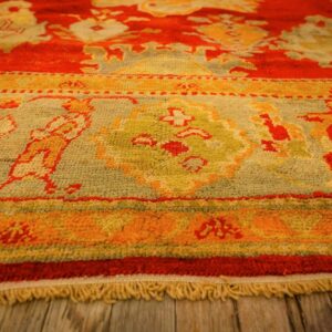 1890s Red Ground Geometric Knotted Wool Antique Oushak Turkish Decorative Rug - detail view 6