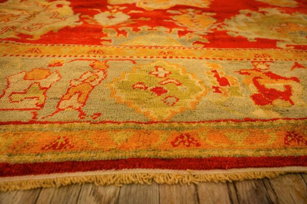 1890s red ground geometric knotted wool antique oushak turkish decorative rug 7 1890s red ground geometric knotted wool antique oushak turkish decorative rug - detail view 6
