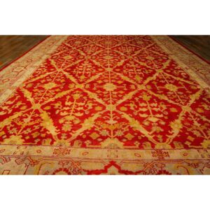 1890s Traditional Red Diamond Knotted Wool Antique Oushak Turkish Decorative Rug - detail view 1