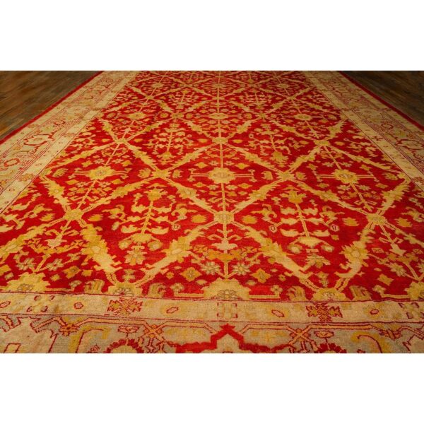 1890s traditional red diamond knotted wool antique oushak turkish decorative rug 2 1890s traditional red diamond knotted wool antique oushak turkish decorative rug - detail view 1