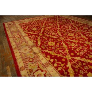 1890s Traditional Red Diamond Knotted Wool Antique Oushak Turkish Decorative Rug - detail view 2