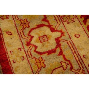 1890s Traditional Red Diamond Knotted Wool Antique Oushak Turkish Decorative Rug - detail view 4