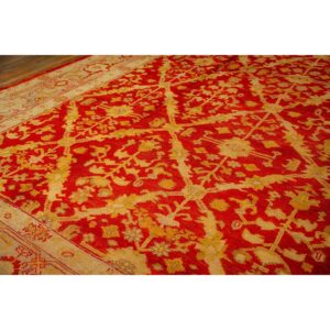 1890s Traditional Red Diamond Knotted Wool Antique Oushak Turkish Decorative Rug - detail view 6
