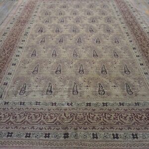 1900s Beige Paisley Floral Room Size Antique Knotted Wool Indian Agra Carpet Rug - detail view 5