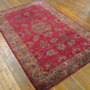 1900s Fuchsia Red Antique Formal Persian Kashan Carpet 4'6"x6'10" Silk Carpet - detail view 3
