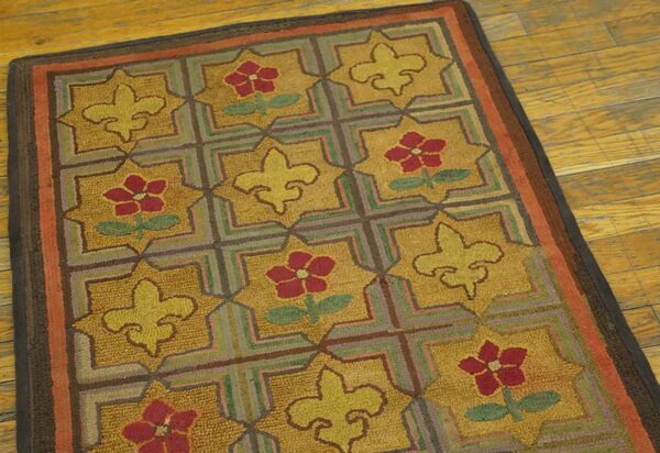 1900s multicolor 5star antique american hooked rug hand-woven wool 2'2" x 4'8" 6 1900s multicolor 5star antique american hooked rug hand-woven wool 2'2" x 4'8" - detail view 5