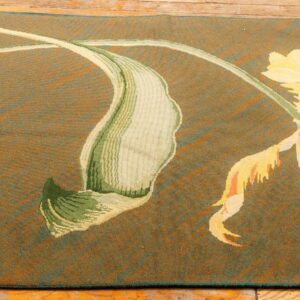 1900s Olive Green Ground Floral Antique European Needlepoint Handmade Wool Rug - detail view 1