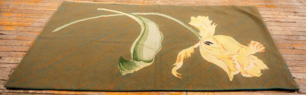 1900s olive green ground floral antique european needlepoint handmade wool rug 2 1900s olive green ground floral antique european needlepoint handmade wool rug - detail view 1