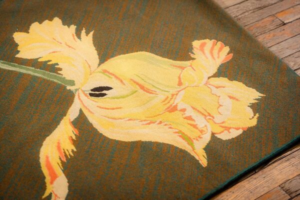 1900s olive green ground floral antique european needlepoint handmade wool rug 4 1900s olive green ground floral antique european needlepoint handmade wool rug - detail view 3
