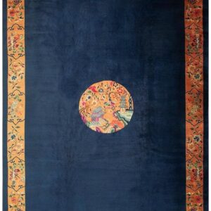 1920s Antique Blue Navy Grand Scale Medallion Knotted Wool Chinese Art Deco Rug