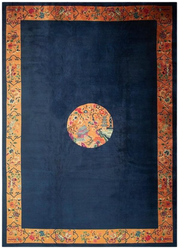 1920s antique blue navy grand scale medallion knotted wool chinese art deco rug 1 1920s antique blue navy grand scale medallion knotted wool chinese art deco rug