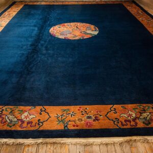 1920s Antique Blue Navy Grand Scale Medallion Knotted Wool Chinese Art Deco Rug - detail view 1