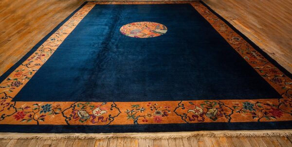 1920s antique blue navy grand scale medallion knotted wool chinese art deco rug 2 1920s antique blue navy grand scale medallion knotted wool chinese art deco rug - detail view 1