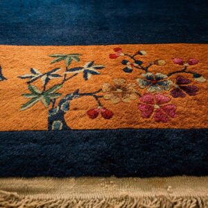 1920s Antique Blue Navy Grand Scale Medallion Knotted Wool Chinese Art Deco Rug - detail view 2