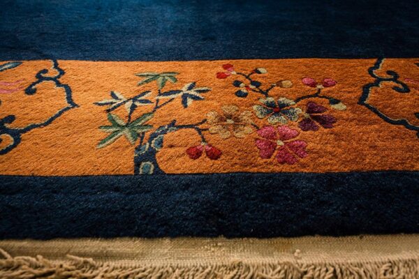 1920s antique blue navy grand scale medallion knotted wool chinese art deco rug 3 1920s antique blue navy grand scale medallion knotted wool chinese art deco rug - detail view 2