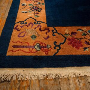 1920s Antique Blue Navy Grand Scale Medallion Knotted Wool Chinese Art Deco Rug - detail view 3