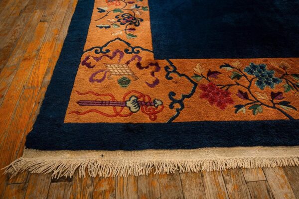 1920s antique blue navy grand scale medallion knotted wool chinese art deco rug 4 1920s antique blue navy grand scale medallion knotted wool chinese art deco rug - detail view 3