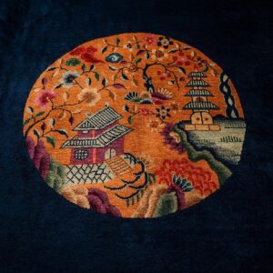 1920s Antique Blue Navy Grand Scale Medallion Knotted Wool Chinese Art Deco Rug - detail view 4