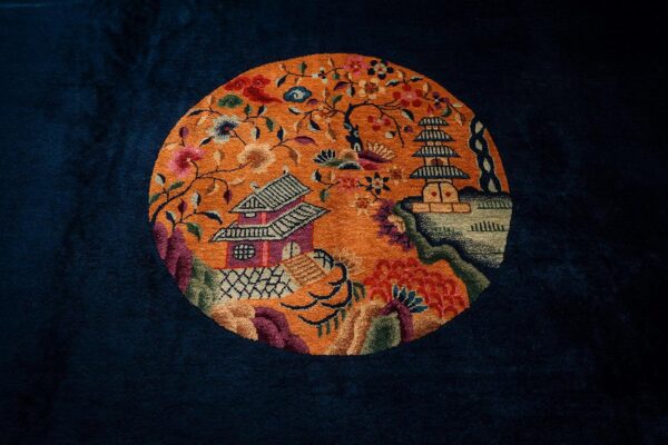 1920s antique blue navy grand scale medallion knotted wool chinese art deco rug 5 1920s antique blue navy grand scale medallion knotted wool chinese art deco rug - detail view 4