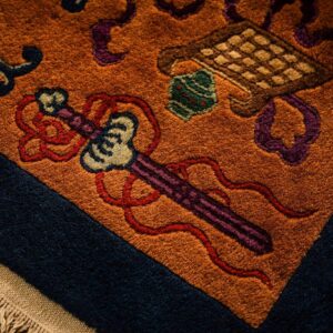 1920s Antique Blue Navy Grand Scale Medallion Knotted Wool Chinese Art Deco Rug - detail view 5