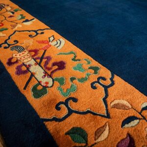 1920s Antique Blue Navy Grand Scale Medallion Knotted Wool Chinese Art Deco Rug - detail view 6