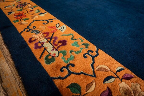 1920s antique blue navy grand scale medallion knotted wool chinese art deco rug 7 1920s antique blue navy grand scale medallion knotted wool chinese art deco rug - detail view 6