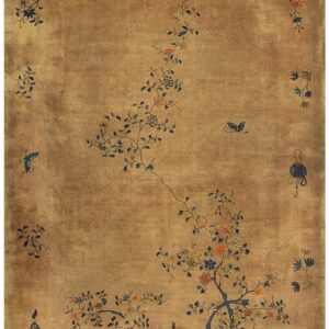 1920s Antique Caramel Field Floral Handknotted Wool Chinese Art Deco Carpet Rug